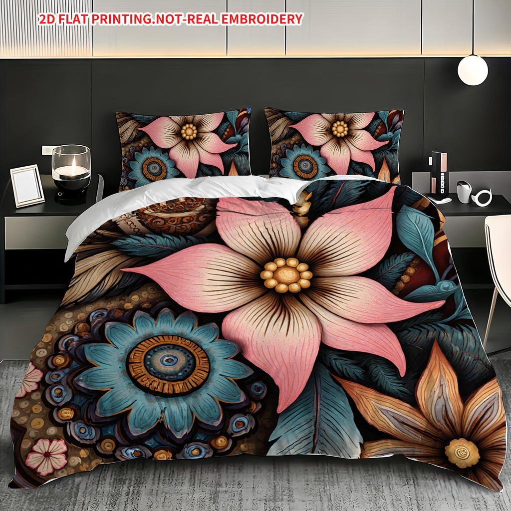 Pillowcase Quilt Cover Three-Piece Set,Retro Ethnic Style Flower Pattern,Exquisite And Elegant,Skin-Friendly And Breathable