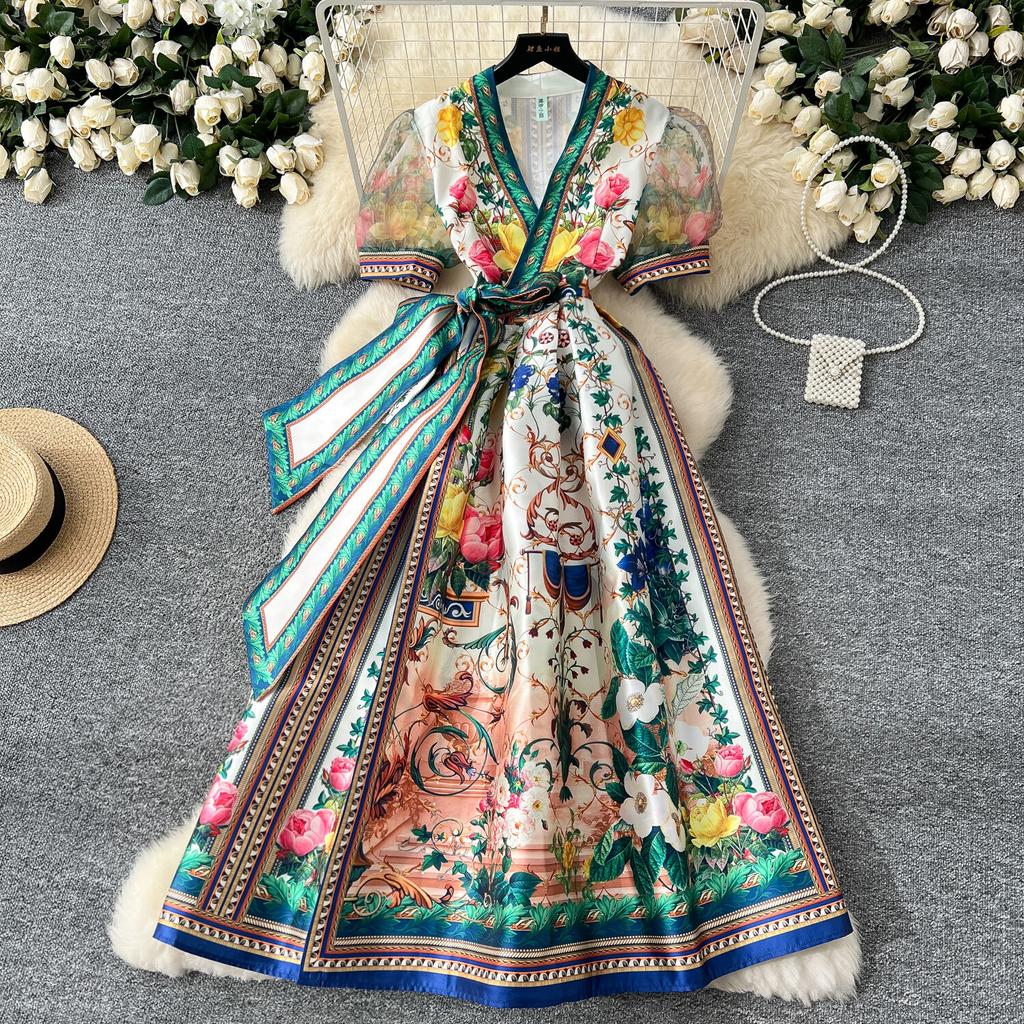 Elegant Retro Print Flower Long Dresses Women Summer Autumn Holiday Palace Style National Trench Belt V Neck Party Dress