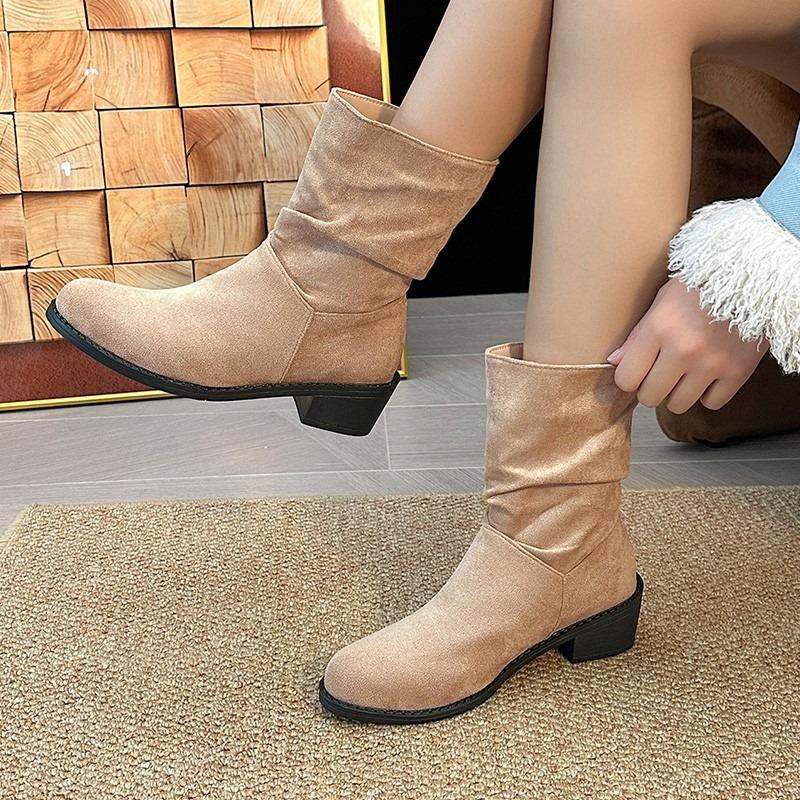 Fashion British Knight Boots Autumn Retro Suede Thick Heel Western Cowboy Boots Women's Versatile Mid-Calf Boots Designer Women Shoes