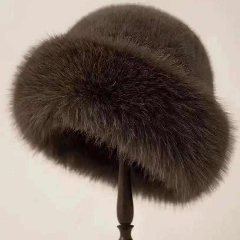 Fluffy Fur Womens Winter Warm Bucket Hat Plush Fisherman Style Thicken Cold Snowy Day Panama Cap with Earflap