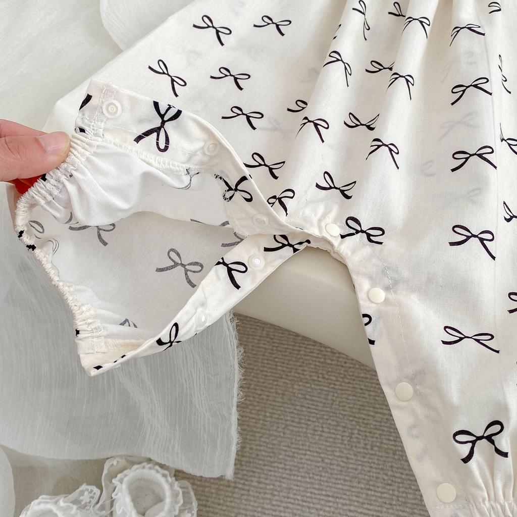 Summer Baby Girl Bow Tie Strap Romper With Hat Infant Outerwear Crawling Suit Versatile Bodysuit