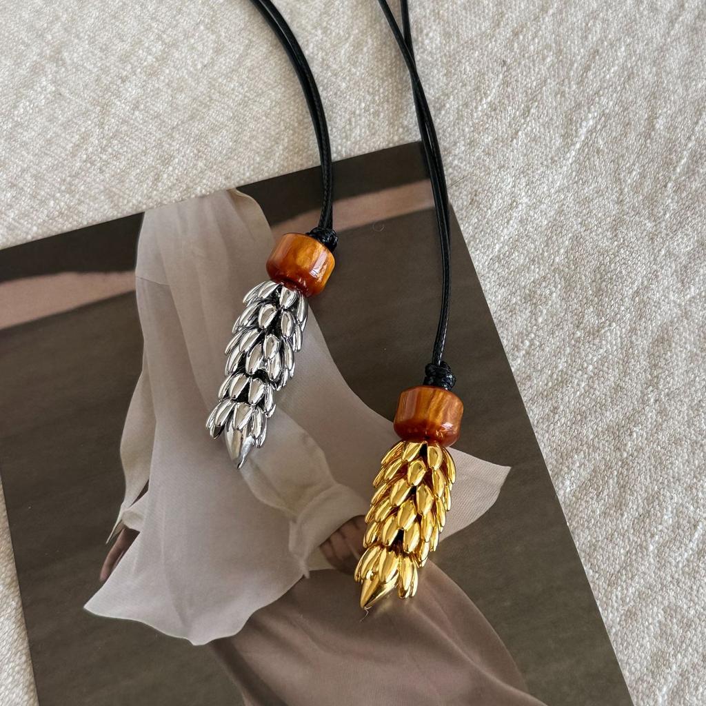 Unique Pinecone Design Necklace Delicate Alloy Charm On Strong Black PU Rope Perfect Present Gift Giving