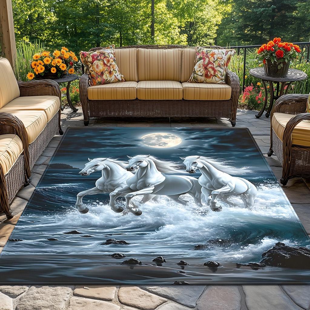 White horses moon night ocean rug fantasy art living room carpet magical animal print floor mat dreamy home decor