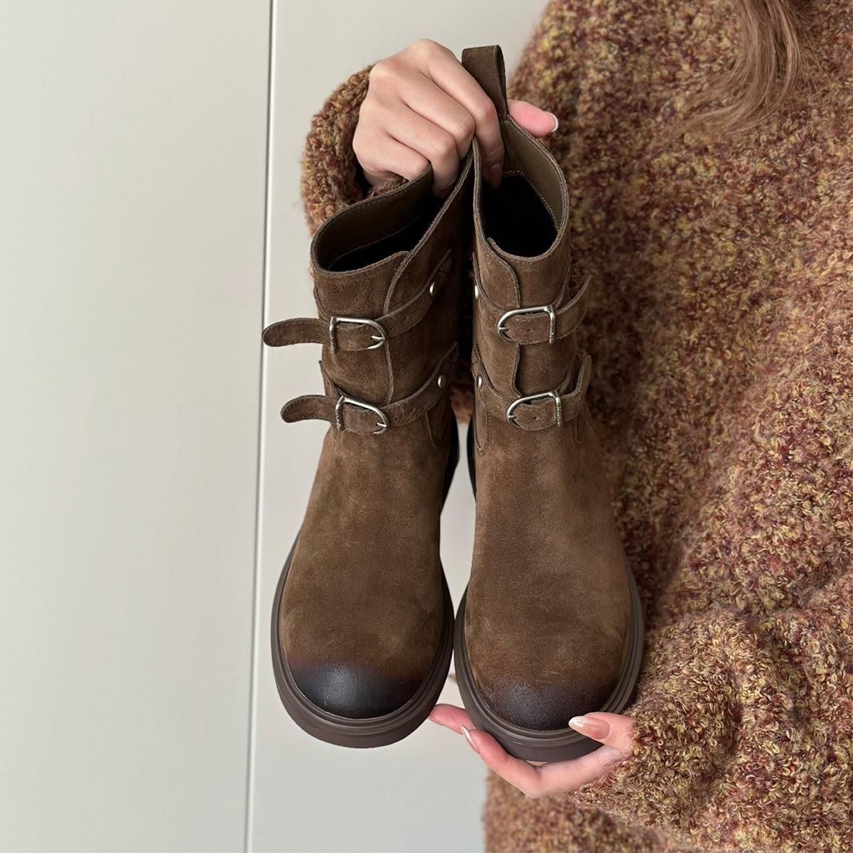 

Sheepskin version~ retro polished belt buckle western cowboy boots slim short boots women s Maillard Martin boots locomotive boots 40