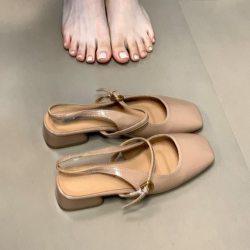 2025 summer new square head thick heel bag head sandals women's rear strap summer low heel commuter sandals