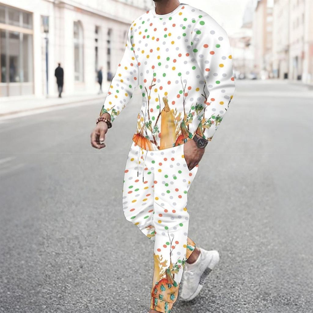 Men Orange Color Block Leopard Pumpkin Sunflower Print Long Sleeve Sweatshirt Jogger Pants Two Piece Suit