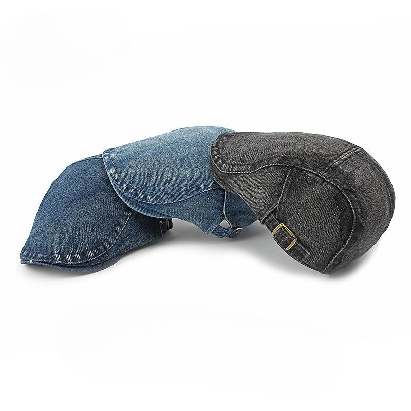 Vintage Washed Denim Beret for Men Women British Retro Flat Cap Solid Color Cotton Newsboy Cap Adjustable Duckbill Cap