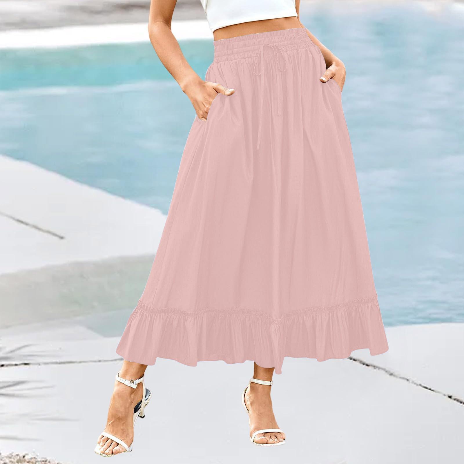 

Жіноча модна та повсякденна спідниця на гумці з куліскою, кишеня з облямівкою «чорний гриб», однотонна L рожевий