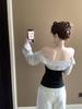 Korean Stripe Color Block Patchwork One-Shoulder Waist-Cinched Slimming Top for Women