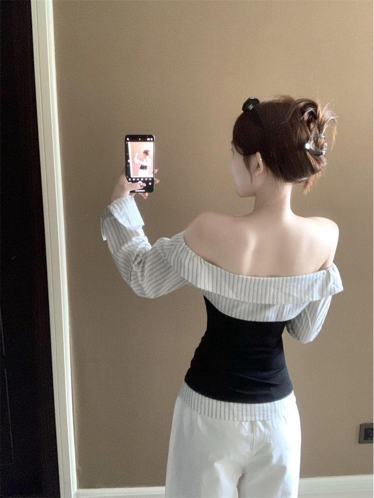Korean Stripe Color Block Patchwork One-Shoulder Waist-Cinched Slimming Top for Women