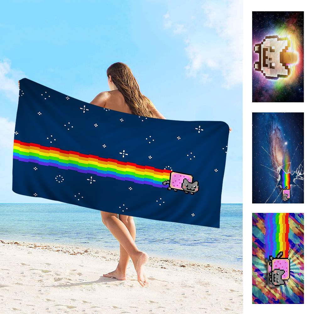 Cartoon N-Nyan Cats Cute Microfiber Blanket Quick Drying Beach Towels Oversized Printing Super Absorbent Pool Towel Blanket