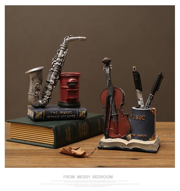 American-Style Saxophone & Violin Resin Pen Holder Desk Ornament for Office and Home Decor