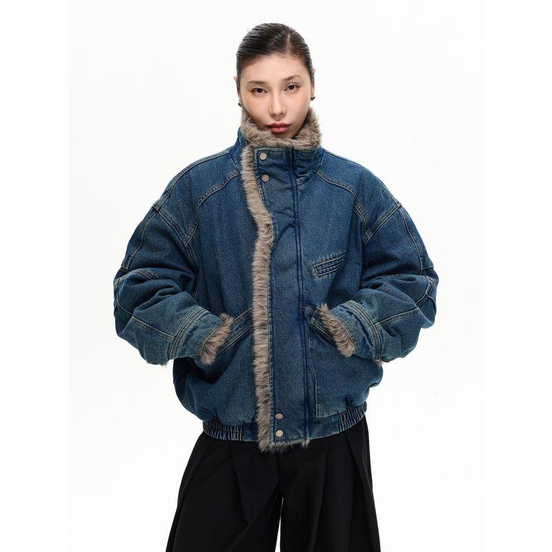 Kisko Winter American-Style Deconstructed Denim Jacket Cotton Coat Unisex Trendy Brand Warm Oversized Stand Collar Jacket