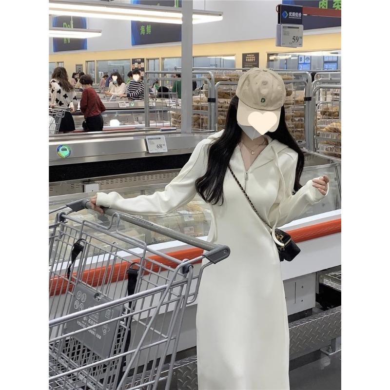 Spring Autumn Solid Color Loose Casual Sweatshirt Dress Women Elegant Zipper Pullover Vestidos Robe