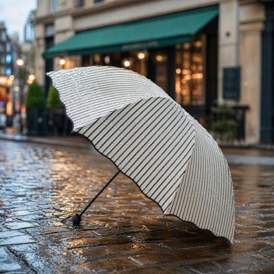 Striped Folding Umbrella with Wavy Edge, Sun Blocking UV Protection Travel Umbrella, Windproof Rainproof Portable Sun Rain Umbrella for Women