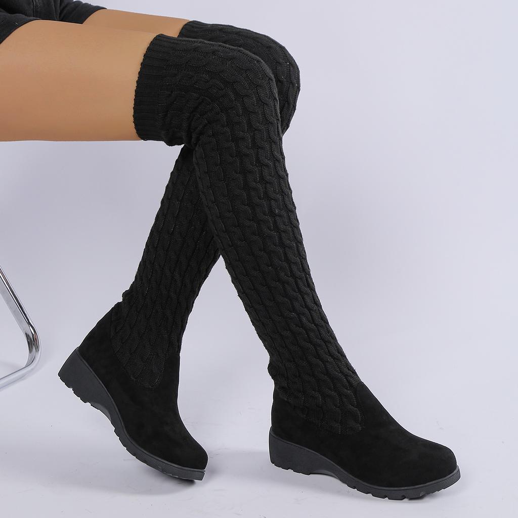 Fashion Women Boots Winter Black Over The Knee Boots 2025 New Comfort Lace Up Chunky High Heels Shoes Fashion Warm Suede Round Toe Boots