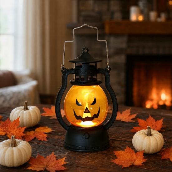 Halloween Pumpkin Lantern with LED Light, Portable Retro Horse Lantern with Funny Pumpkin Faces, Safe Flame-Free Halloween Decoration for Indoor
