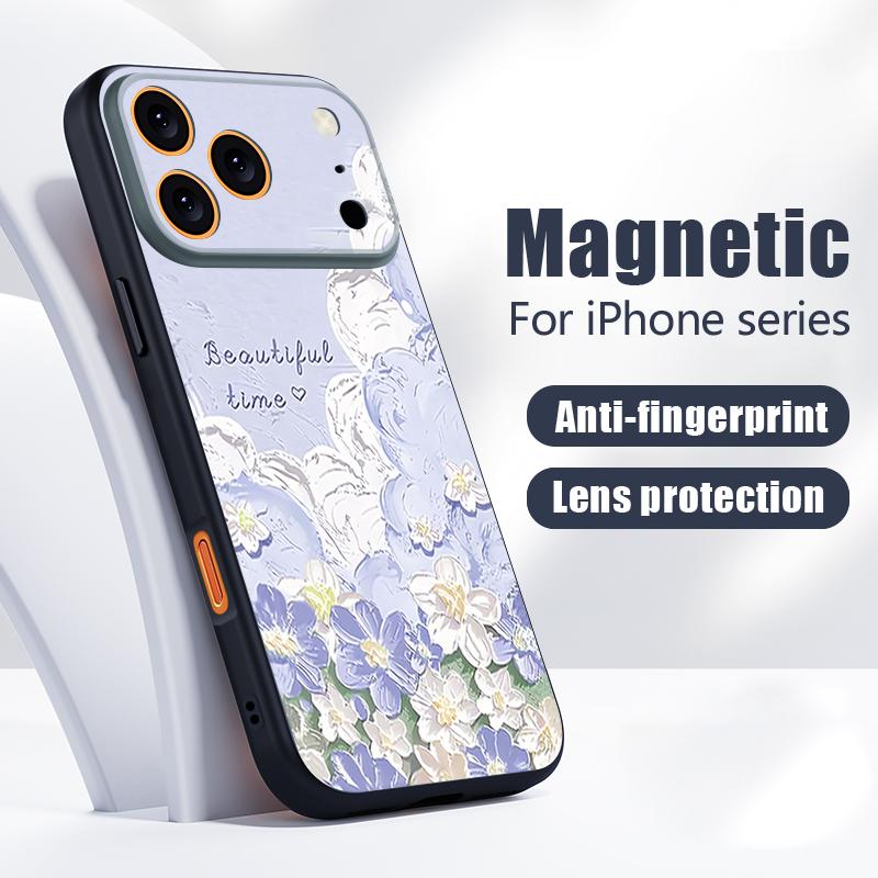 Oil Painting Flowers Pattern Case For iPhone 17 Pro Max Funda iPhone 16 15 14 13 Pro Max Magnetic For Magsafe Hybrid Slim Matte Cover
