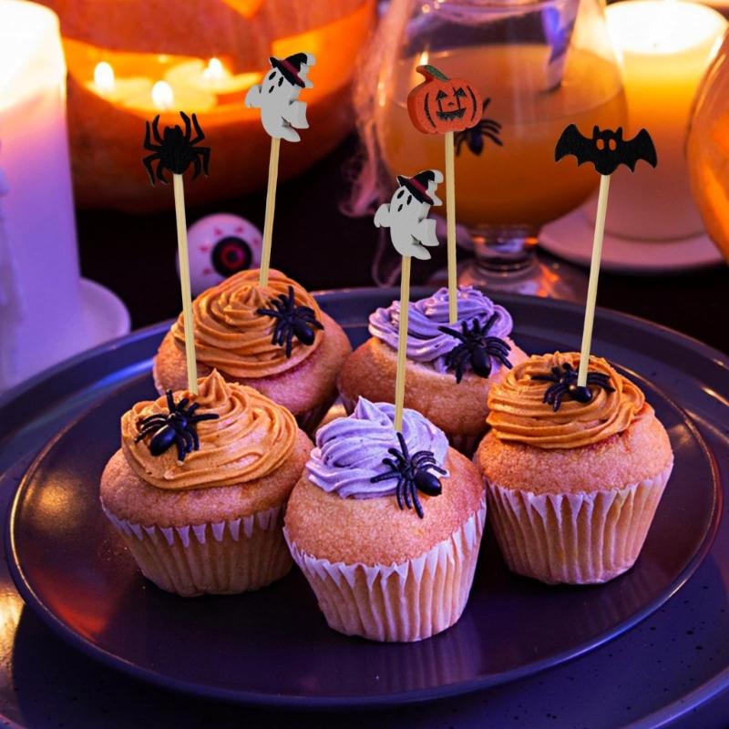 100Pcs Bat Spiders Pumpkin Toothpicks Wood Appetizer Skewers Sticks Food Pick for Halloween Holiday Party Food Fruit