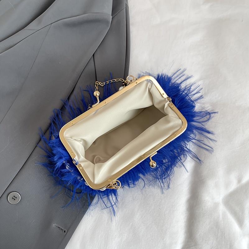 Geantă Satchel Elegantă din Blană Artificială cu Mâner de Perle Geantă de Seară Pufoasă și Moale Portofel de Damă la Modă Geantă de Mână Culoare Solidă cu Închidere Tip Kiss