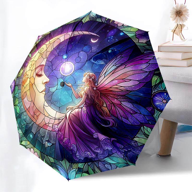 

1pc Stained Glass Fairy Moon Auto Open Close Umbrella - Portable Folding Design with 8-Bone Iron Frame, Outdoor, Gift for Fans, Travelers, Daily Use.K