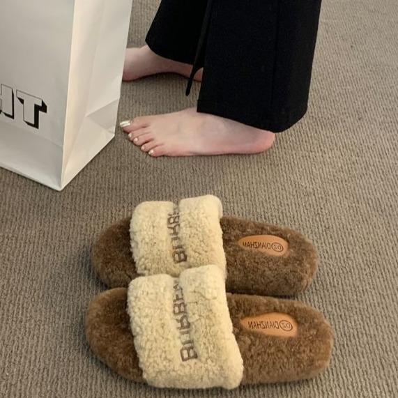 Fashion Casual Indoor Fluffy Slippers Women's Autumn and Winter New Outer Wear Home Flat Bottom Non-slip Fluffy Cotton Mop