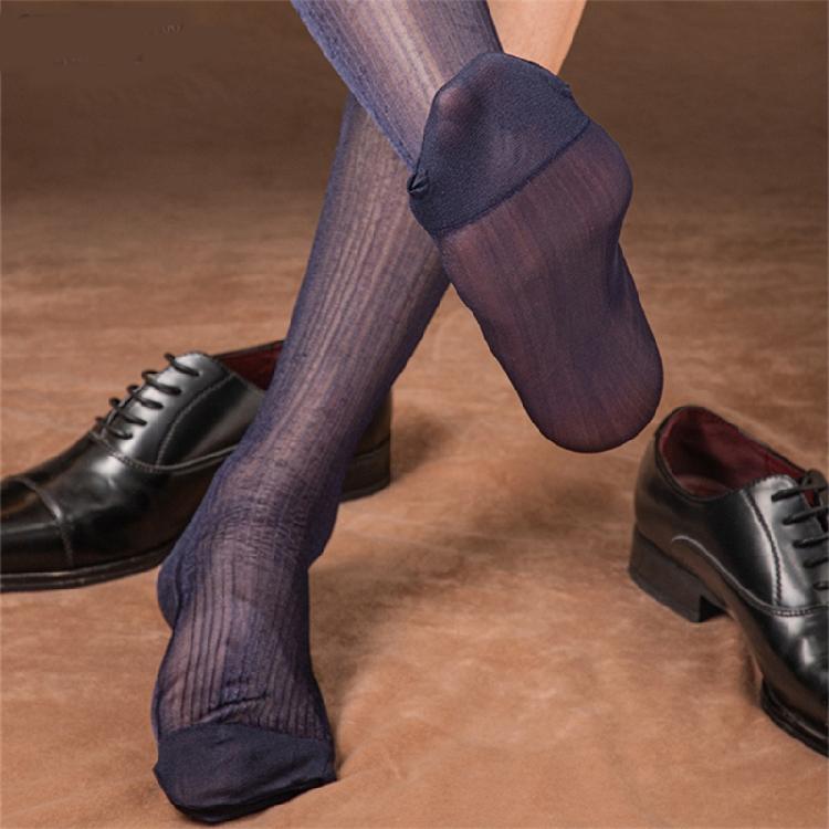 Mens Thin Sheer Silk Formal Dress Suit Socks Casual Business Socks Nylon Breathable Glossy Striped Long Calf Socks