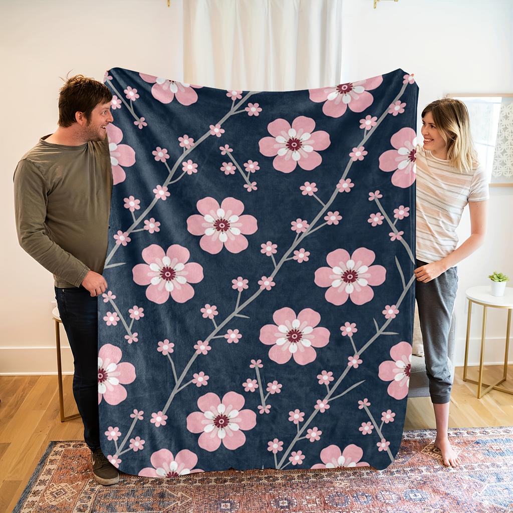 Cozy Pink Floral Print Flannel Blanket - Soft, High-Definition Digital Print, All-Season Use, Perfect Gift, Breathable Poly