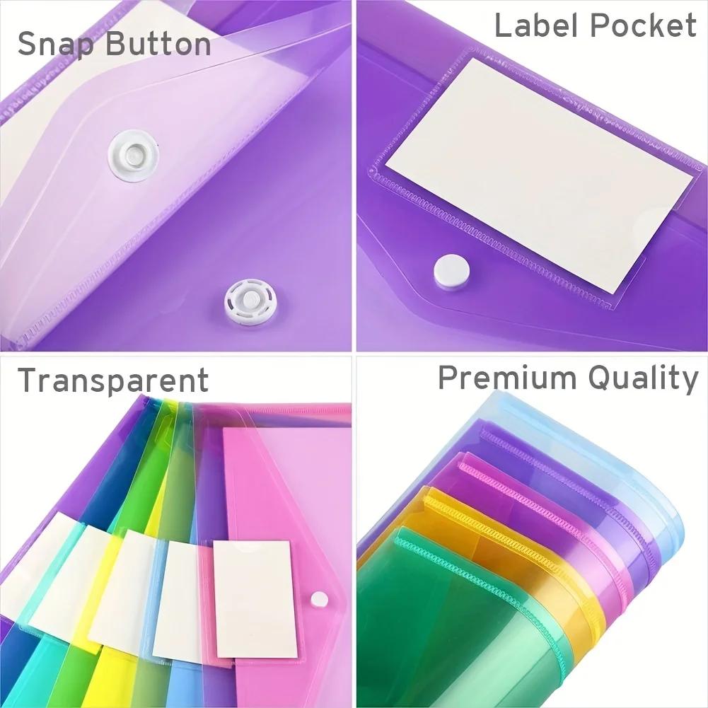 A4 Folders Plastic Envelopes Clear File Folder for Document Poly File with Label Pocket Snap Button for Office Organizer
