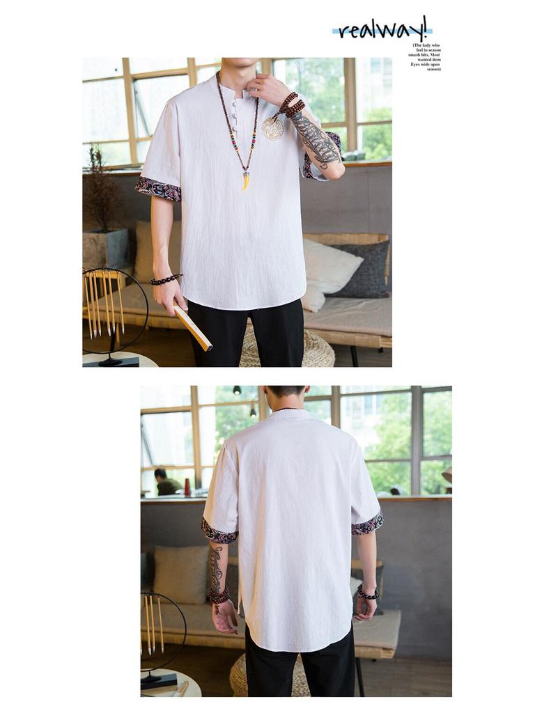 Men's Loose V-Neck Linen Tang Suit T-Shirt - Retro Chinese Style, Short-Sleeved, Cotton and Linen Blend, Fashionable for Larger Sizes