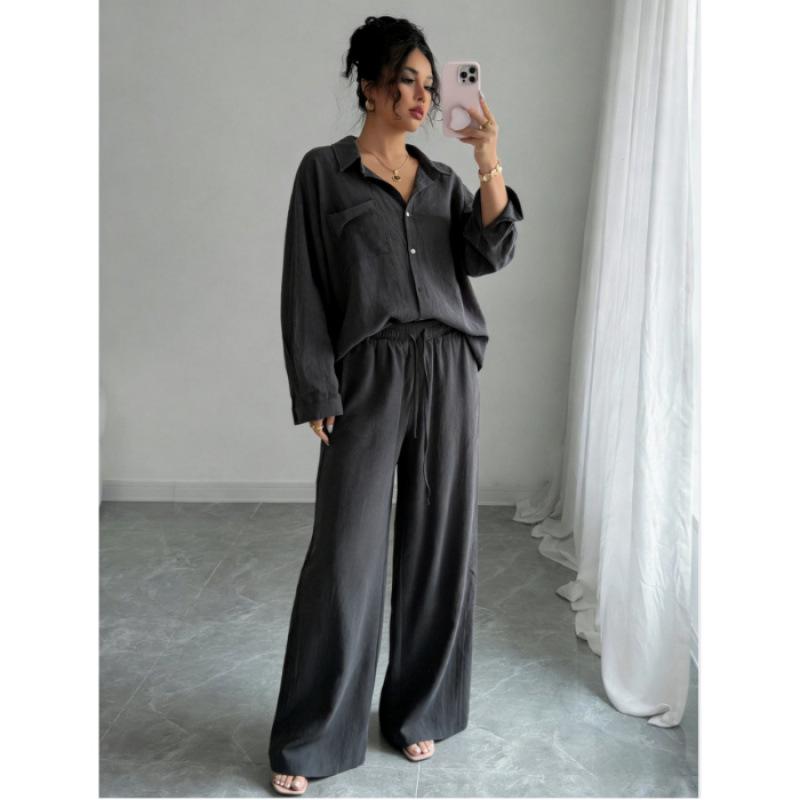 Spring Fashion Plus-Size Women's Two-Piece Set: Linen-Style Shirt & High-Waisted Loose Pants