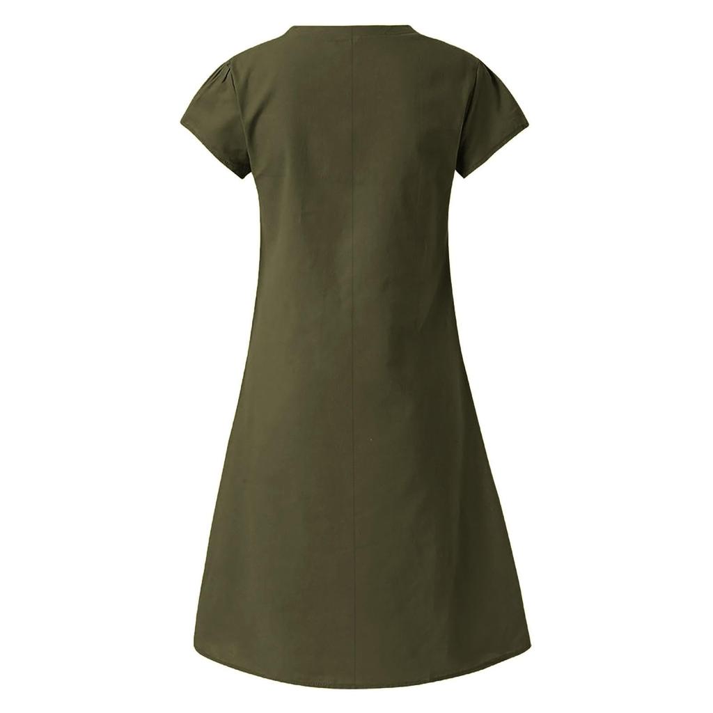 Women's Fashionable Retro V-Neck Short-Sleeve Casual Cotton-Linen Dress