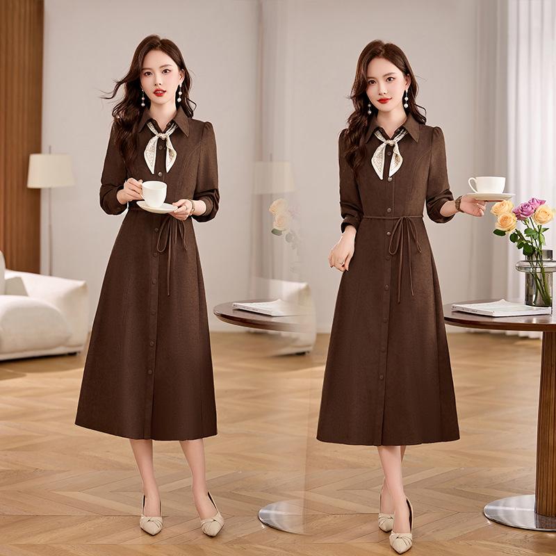 

2025 Элегантное платье с длинным рукавом, подчеркивающее талию, с шарфом XXL (130-140 Jin)