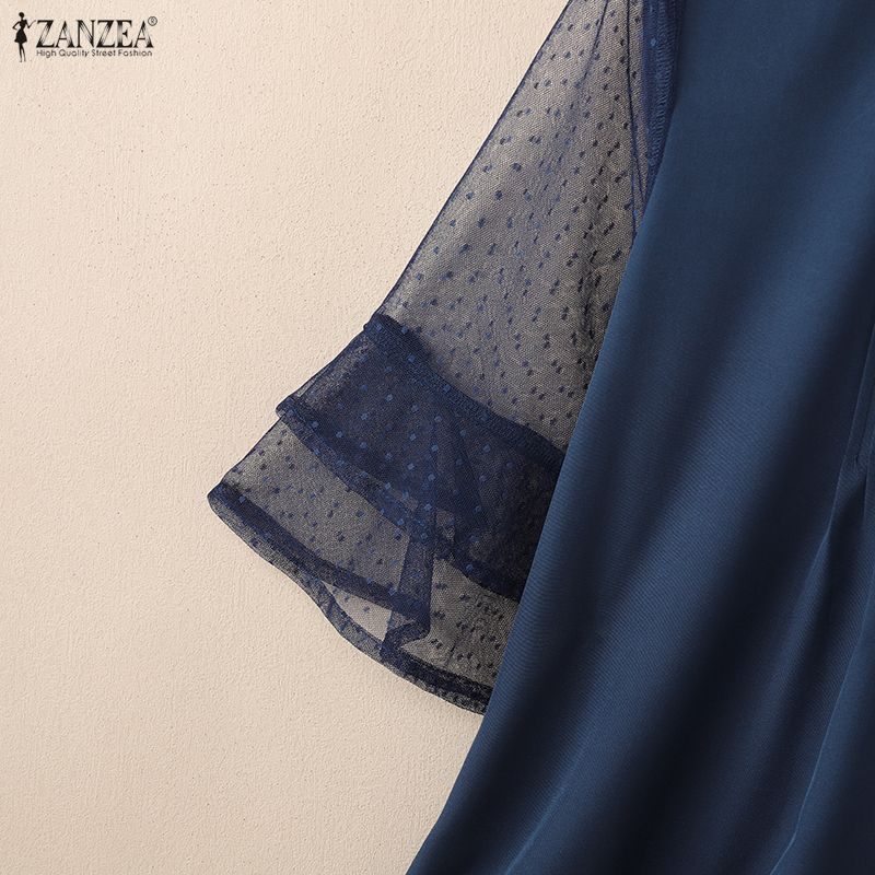 ZANZEA Women Casual Stand Collar Loose Sheer Mesh Splice 3/4 Sleeve Blouse