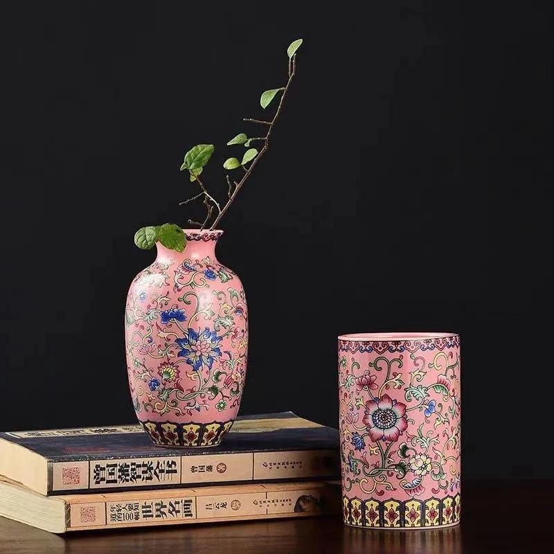Enamel Flower Vase Decoration New Chinese Retro TV Cabinet Decoration Ceramic Minimalist Chinese Flower Arrangement Vase ZF517