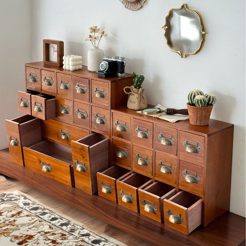 Wood Drawer Type Storage Box Vintage Desk Organizer Boxes Accessory Stash Office Organizing Cases Cosmetics Storage Container