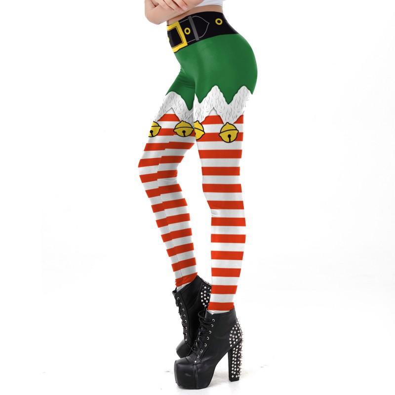 Womens Christmas Striped Print Slim Mid-Rise Leggings Cosplay Bottoms