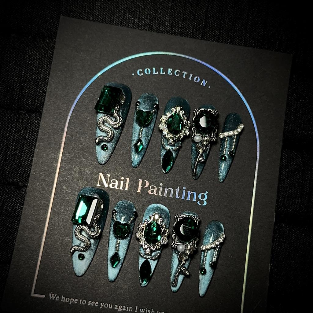 Handmade Luxury Press On Nails Long Almond French Tip Sparkly Fake Nails 3D Rhinestones Designs Acrylic Nails Reusable Stick On Nail for Women