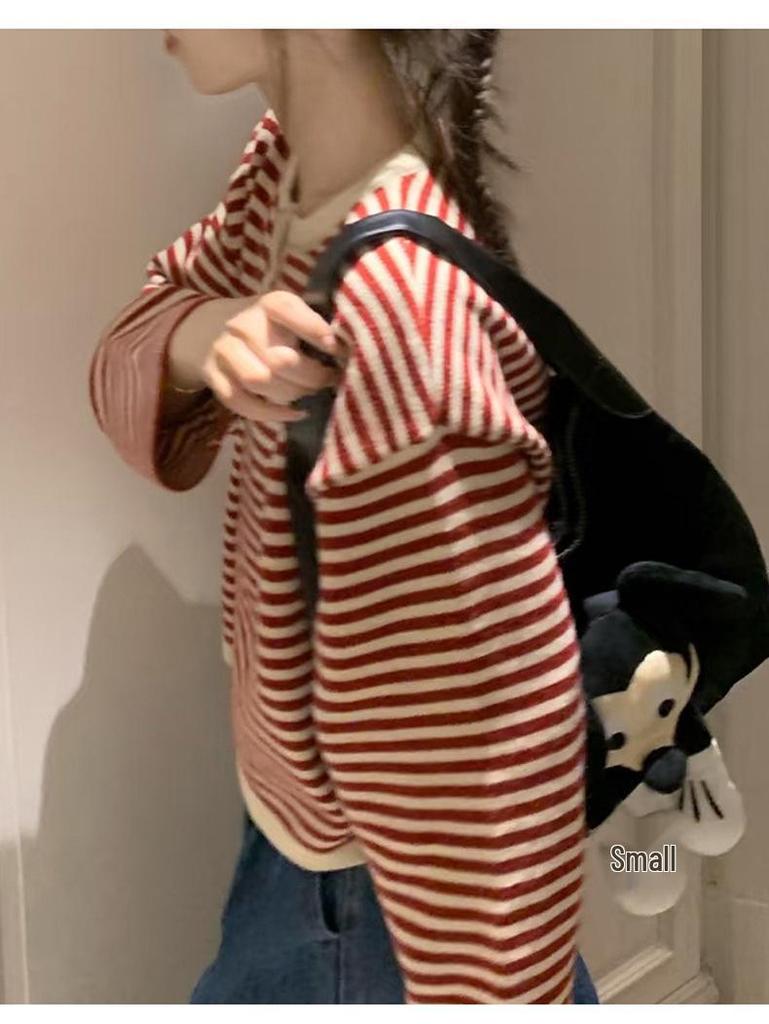 Women's Korean-Style Striped Knit Sweater - Round Neck, Loose Fit, Fall 2025 College Fashion