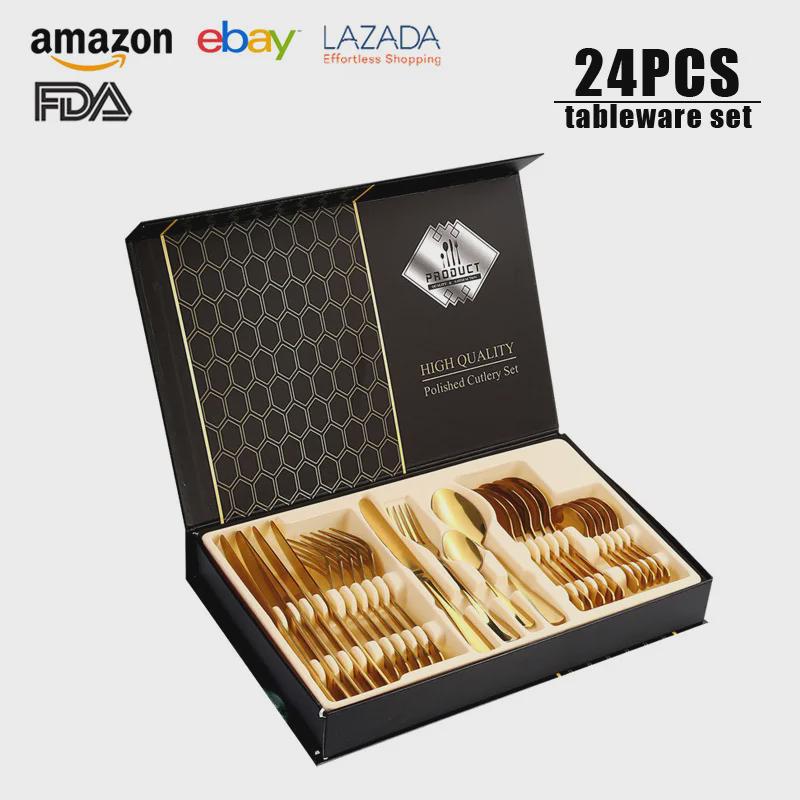 24-teiliges titanbeschichtetes Edelstahl-Besteckset: Messer, Gabel, Löffel in Klappbox (1010 Serie)