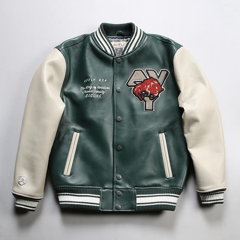 AVFLY leather baseball jersey men's stand-up collar towel embroidery leisure sports plus size cowhide leather jacket