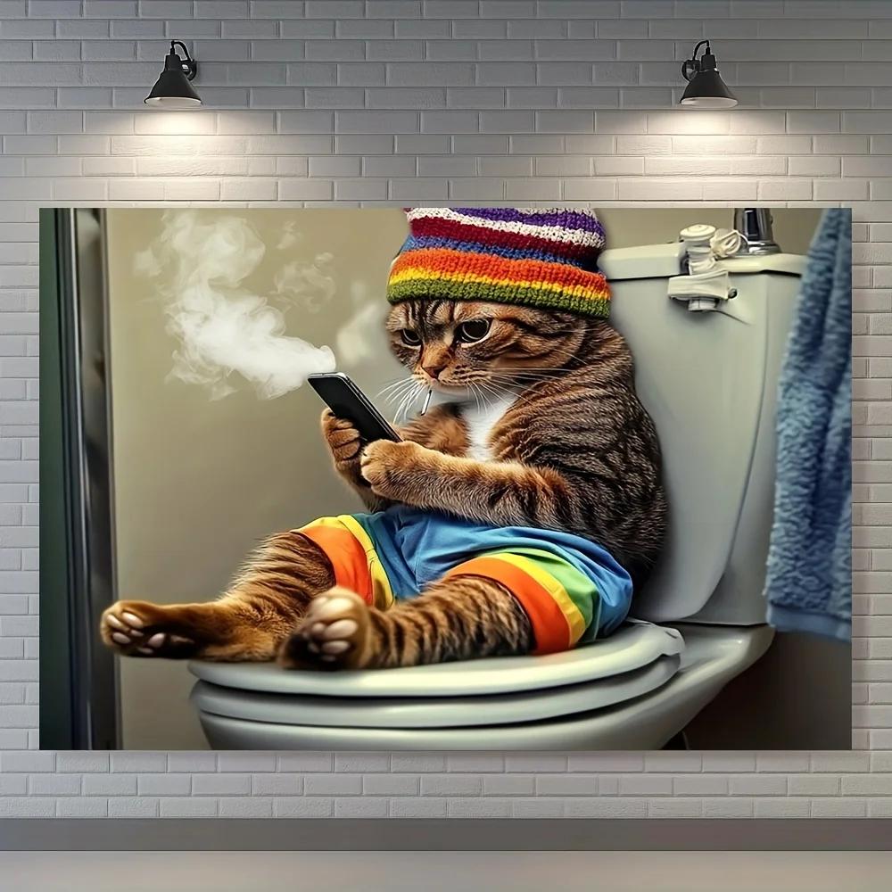 

1pc Whimsical Tabby Cat Tapestry Funny Feline with Phone Cigarette Print Polyester Woven Wall Hanging Unique Home Deco 74x94cm(29x37in)