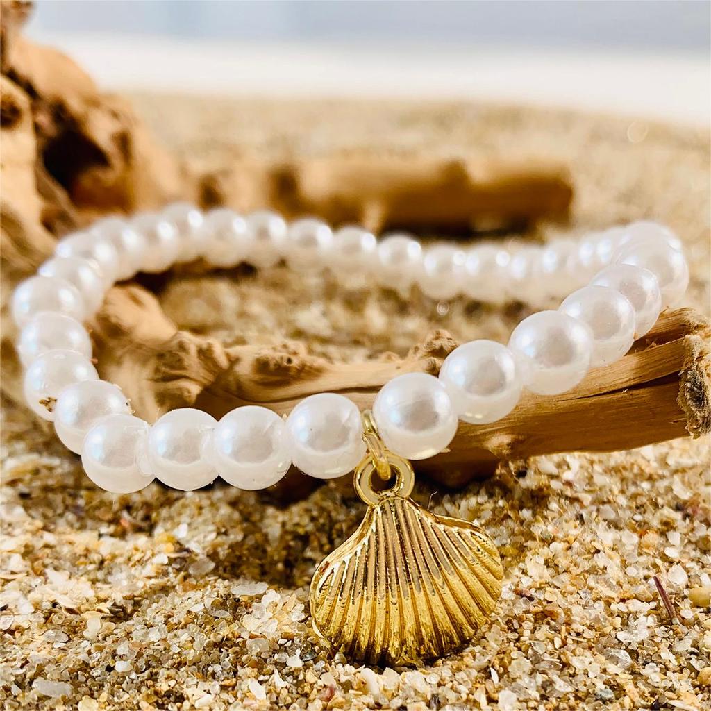 Tocona 5pcs/set Bohemian Imitation Pearl Bracelets for Women Ethnic Style Shell Beaded Bangles Summer Beach Jewelry Set 26165