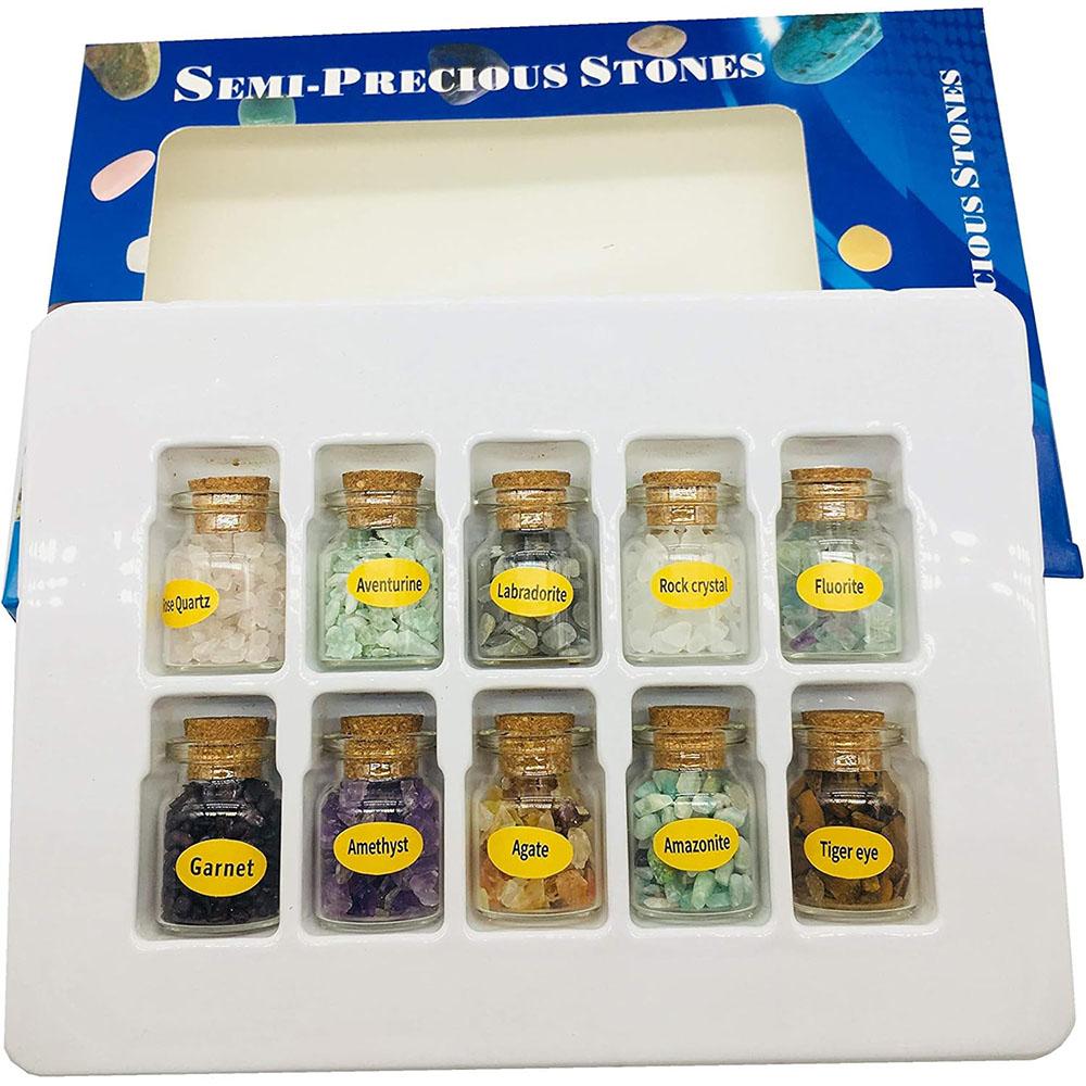 10pcs Mini Glass Wishing Bottles Tumbled Gemstone Crystal Chips Chakra Reiki Healing Stone Set Specimen Collection Gift