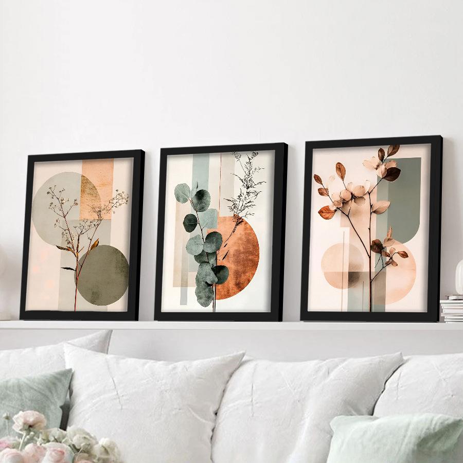 3pcs/set Geometric Plant Art Oil Painting Canvas with Wood Frame Draw Wall Decor Home Room Decorations