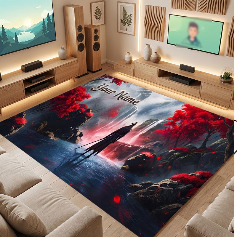 Mushroom Forest Theme Crystal Velvet Floor Rug Personalized Custom Name Text Warm Carpet Home Decoration