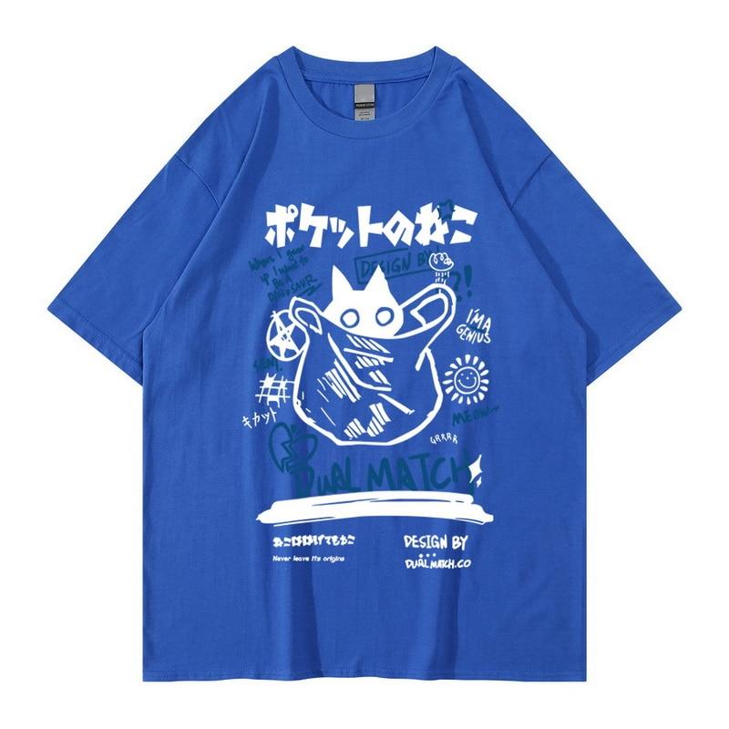 

Футболки унисекс с героями мультфильмов, лето 2023, Harajuku Kawaii, футболки с короткими рукавами и принтом кота для женской пары, уличная одежда, свободная одежда, топы Y2K 5XL синий