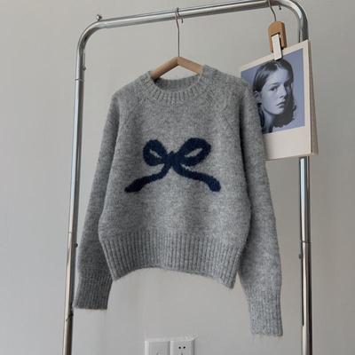 Schleife Rundhals Pullover Unterwäsche Pullover Damen Herbst und Winter Klein Weich Klebrig Basis Strick