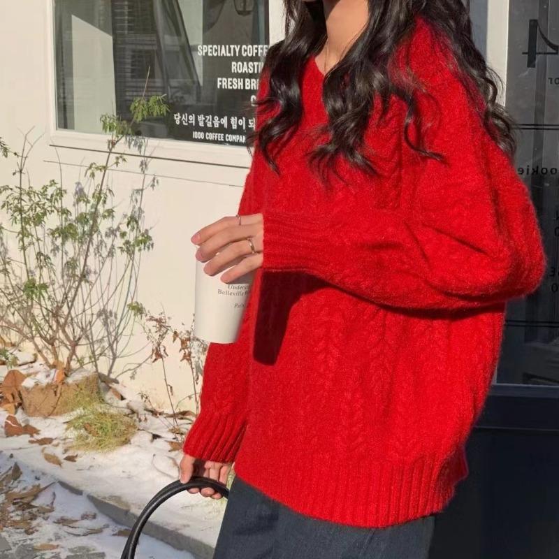 Autumn and Winter New Fashion Pink Gentle Soft Waxy Lazy Style High-end Pullover Knitted Sweater Twist Sweater Women