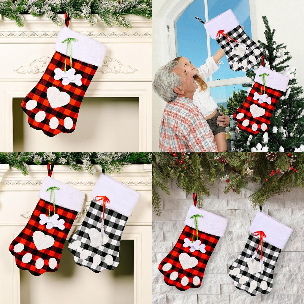 Adorable Red And Black Plaid Dog Paw Christmas Sock Ideal Holiday Gift Bag For Children